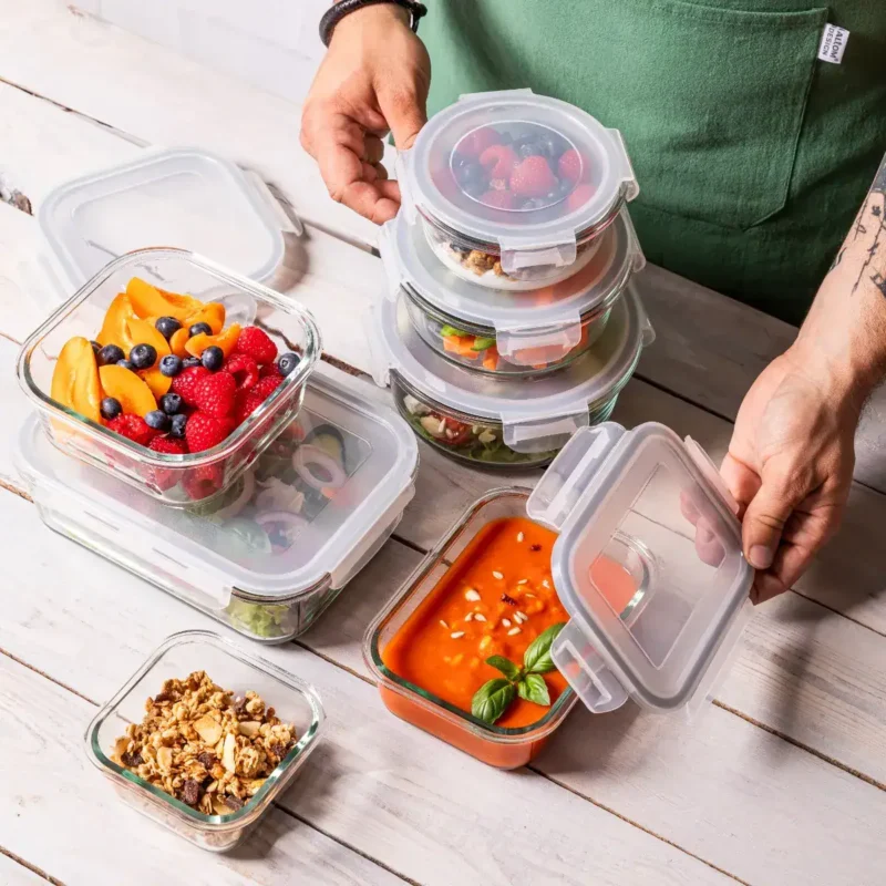 Świeże owoce w pojemnikach na zdrowe przekąski i lunchboxy, idealne do przechowywania i transportu żywności. Domowy Zakątek prezentuje praktyczne rozwiązania do kuchni i diety.