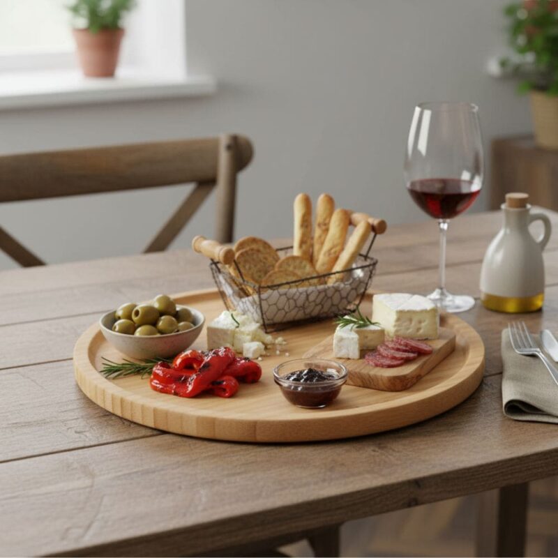 Śniadanie w domu z deską serów, winem i przekąskami na rustykalnym stole, idealne do relaksu i spędzania czasu z bliskimi, w stylu Domowego Zakątka, smaczne i eleganckie.