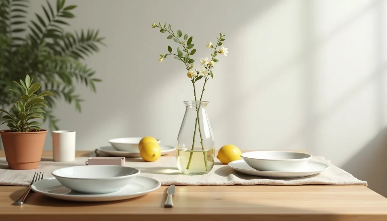 Wiosenna dekoracja stołu z ceramiczną zastawą i świeżymi tulipanami