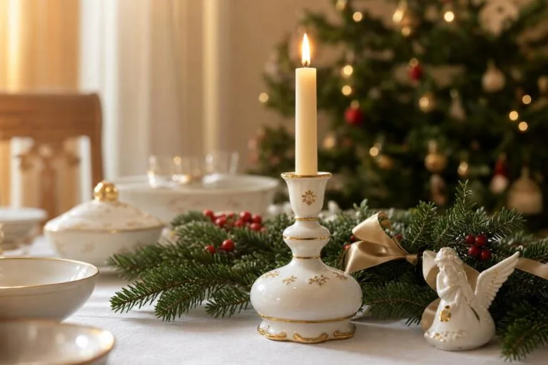 Boze Narodzenie 2026 - porcelanowy swiecznik ze zlotym rantem ze swieca, galazki swierkowe z czerwonymi jagodami, porcelanowy aniol, zlota wstazka na tle choinki z lampkami
