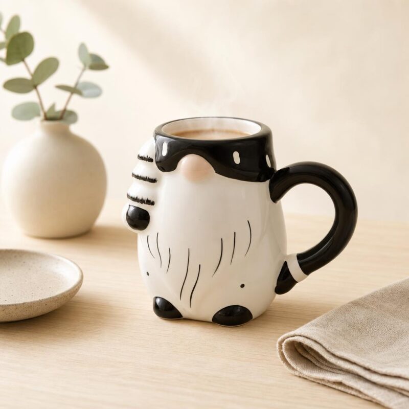 Przedmiotowy kubek z motywem zwierzęcia, czarno-biały, ceramiczny, na kawę lub herbatę, na stole z talerzem, miseczką i serwetką, idealny do kuchni, sklep domowyzakatek.pl.