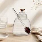 Pojemnik szklany na miód z łyżką 450 ml Pszczółka bursztynowy