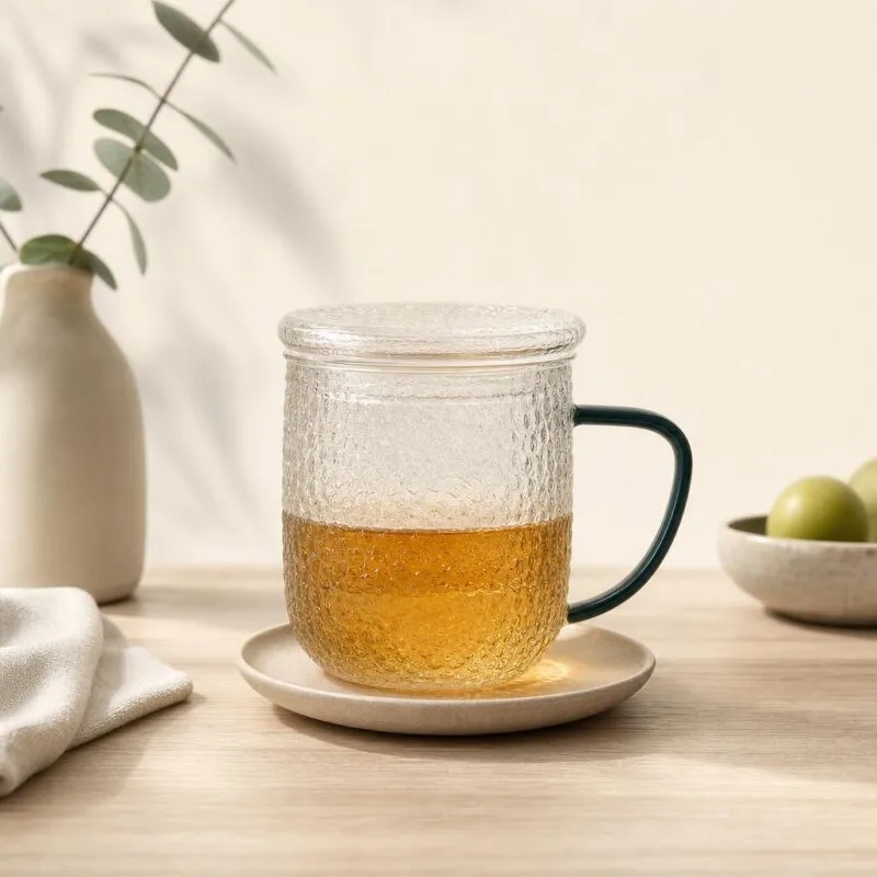 Kubek szklany z zaparzaczem i przykrywką 400 ml Jack bąbelkowa struktura zielony