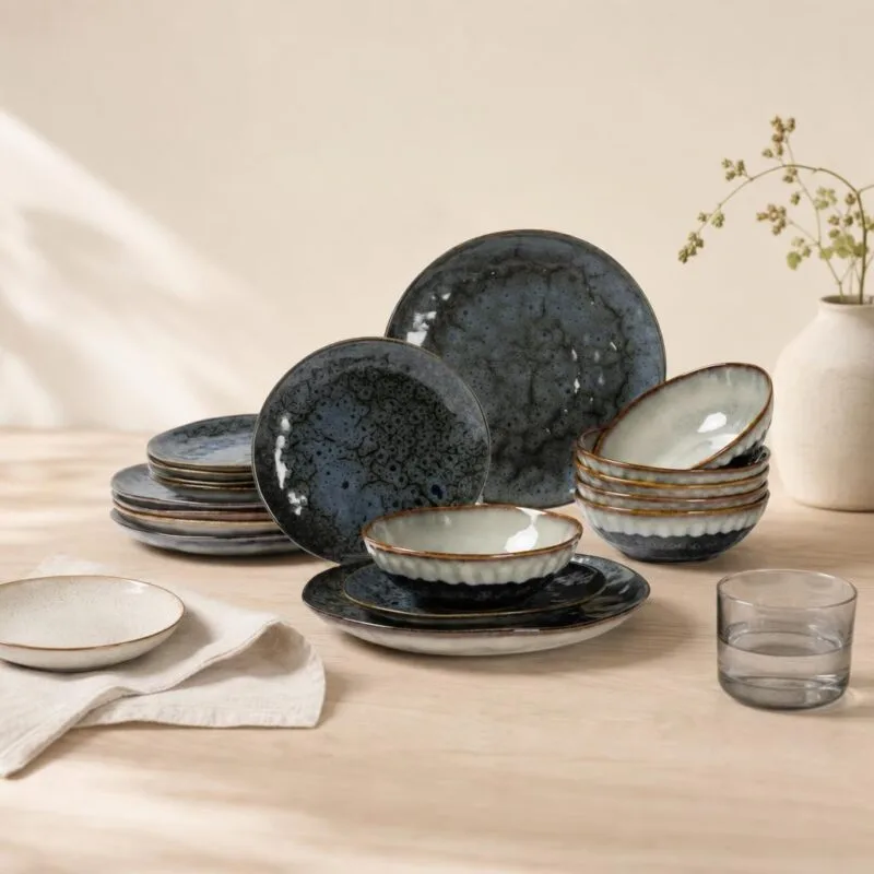 Serwis obiadowy ceramiczny 18 el. Ombres granatowo-szary