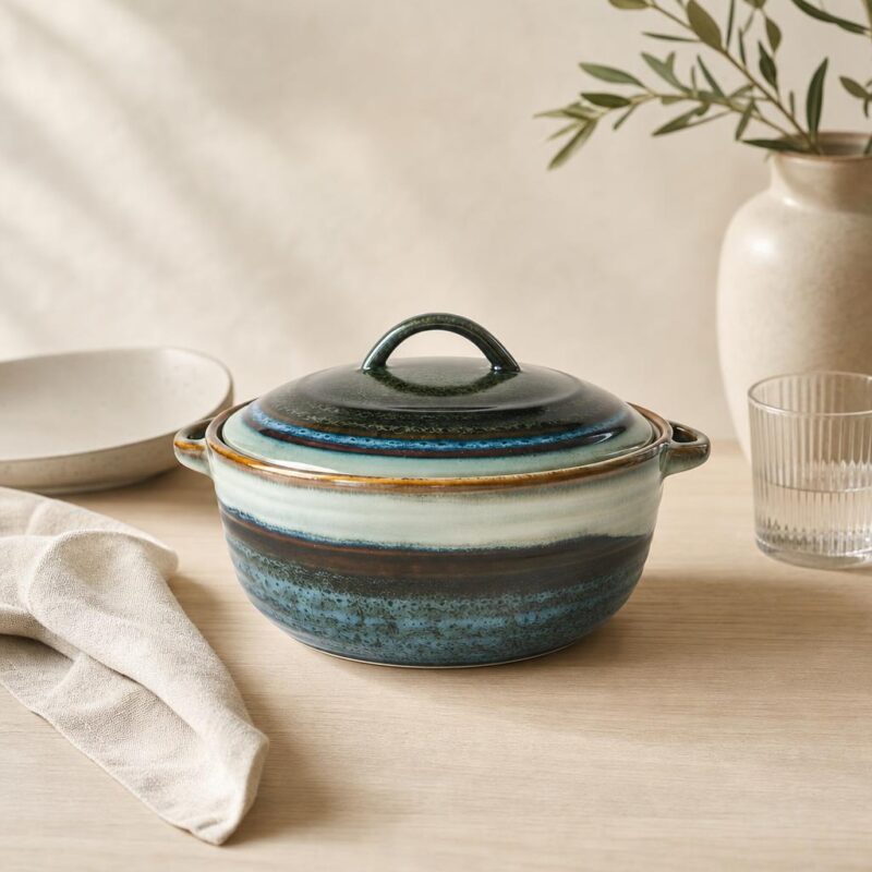 Talerz ceramiczny z pokrywką w odcieniach niebieskiego i białego, na jasnym tle, obok szklanka i wazon z gałązkami, idealny do kuchni i serwowania potraw.