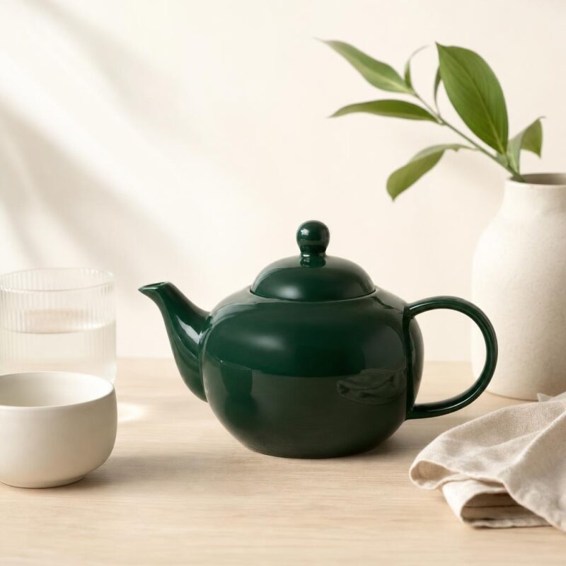 Przedmiotowa czarna czajnik ceramiczny na drewnianym stole z białą ceramiką i zielonymi liśćmi w tle, elegancki i nowoczesny design, idealny do kuchni i serwowania napojów.