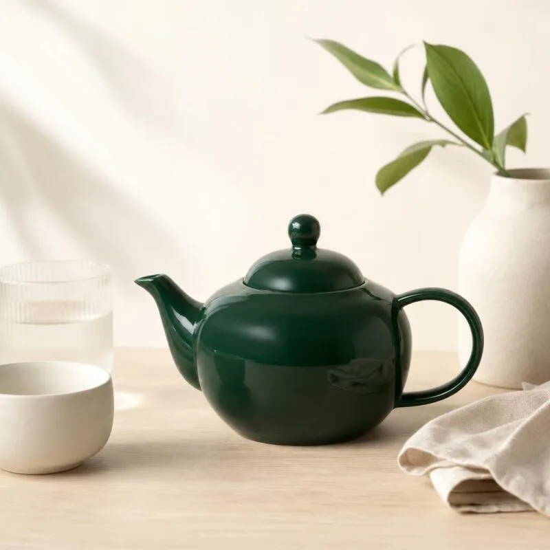 Przedmiotowa czarna czajnik ceramiczny na drewnianym stole z białą ceramiką i zielonymi liśćmi w tle, elegancki i nowoczesny design, idealny do kuchni i serwowania napojów.