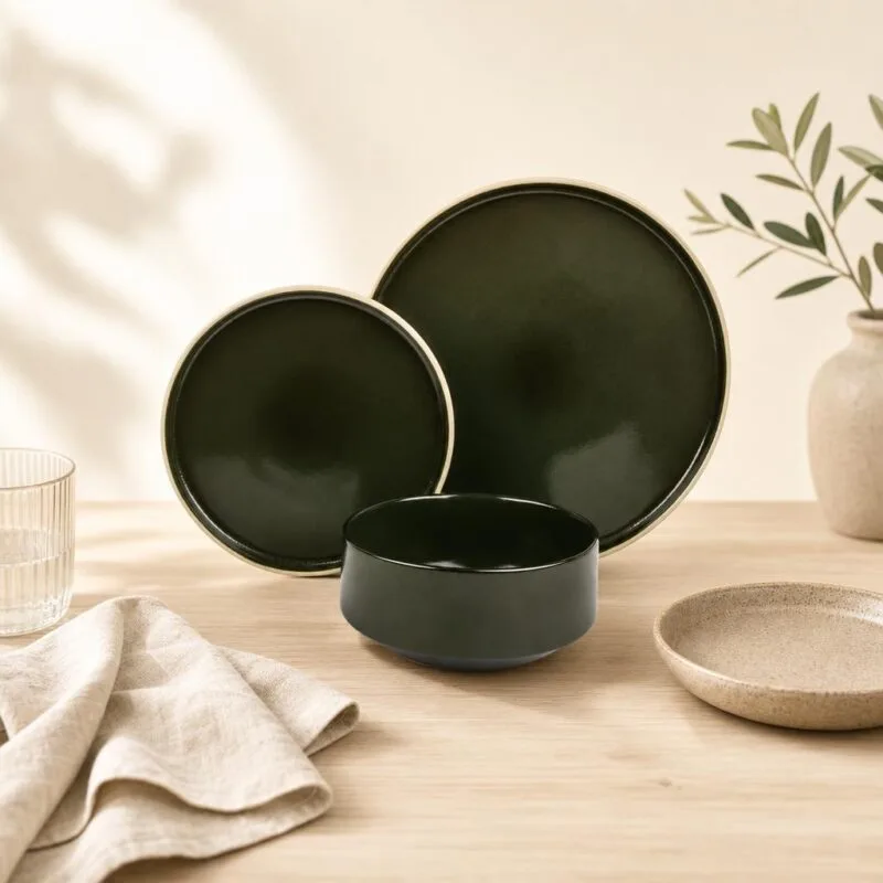 Serwis Obiadowy Ceramiczny 18 Elementów STACK GREEN Oliwkowy Ręcznie Wykonany na 6 Osób
