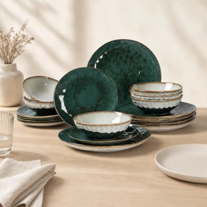 Serwis obiadowy ceramiczny 18 el. Ombres zielono-szary