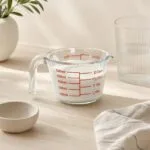 Szklanka do mleka z miarką, przezroczysta, na drewnianym blacie, obok miseczki i szklanki, w minimalistycznym stylu, idealna do kuchni, ceramika i szkło, domowy wystrój.