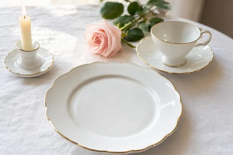 Klasyczny prezent na Komunie - bialy porcelanowy talerz ze zlotym rantem, filizanka, swiecznik z swieca i rozowa roza na bialym lnianym obrusie