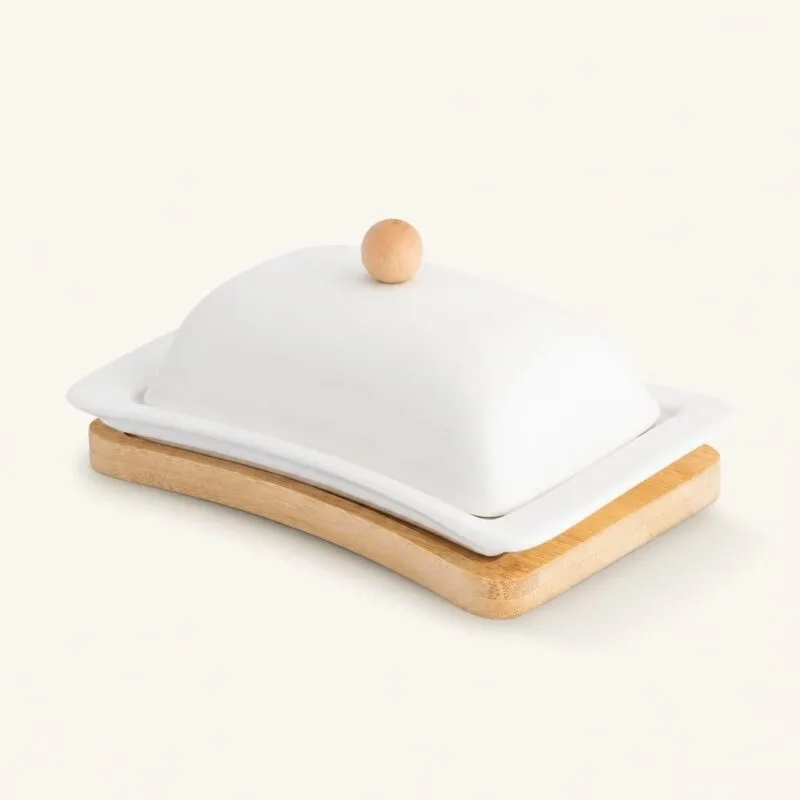 Maselniczka porcelanowa na bambusie 19 cm kremowa