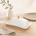 Maselniczka porcelanowa na bambusie 19 cm kremowa