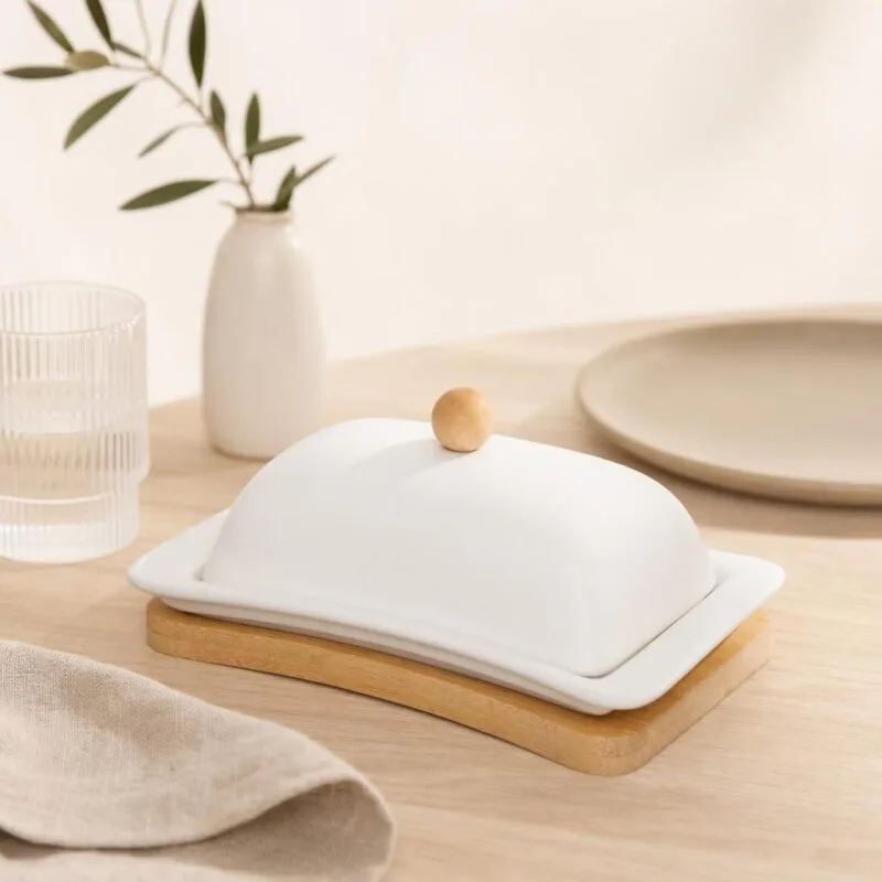 Maselniczka porcelanowa na bambusie 19 cm kremowa