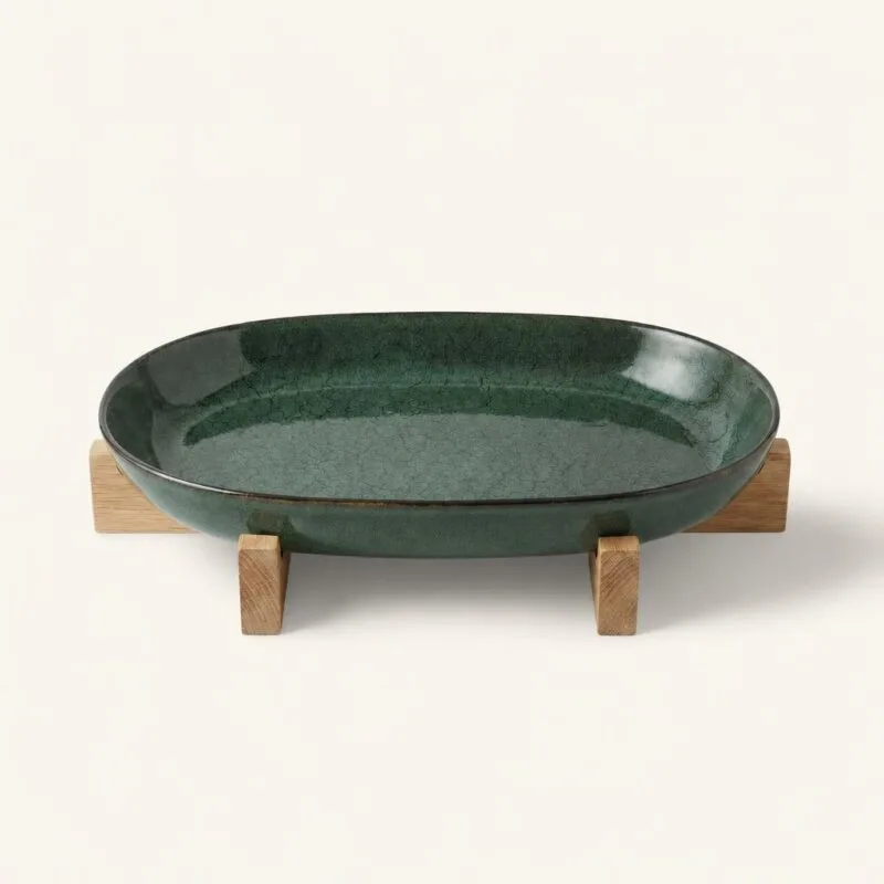 Półmisek owalny z drewnianą podstawką 44 cm Ombres ciemnozielono-granatowy