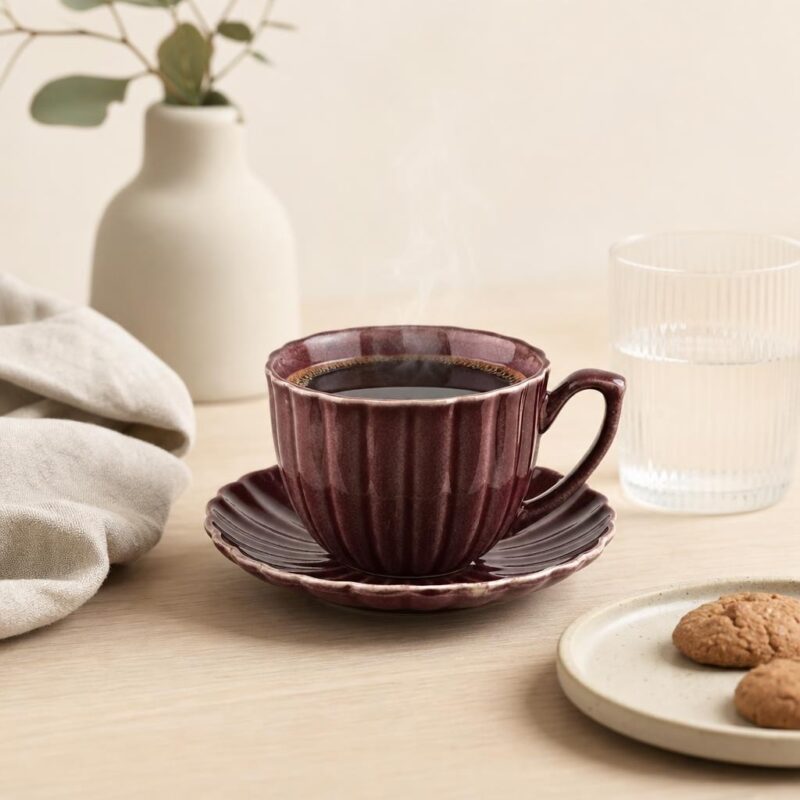 Filiżanka porcelanowa ze spodkiem 300 ml bordowa
