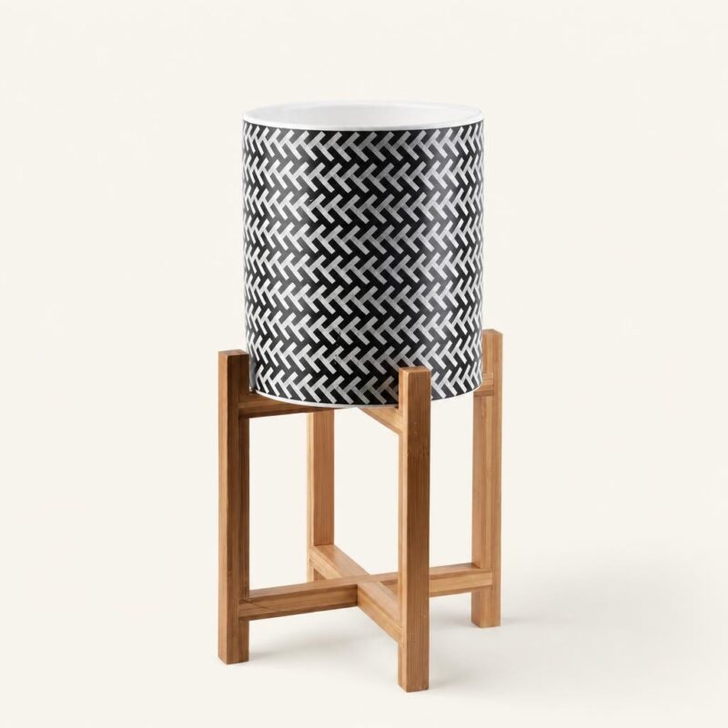 Doniczka ceramiczna na drewnianym stojaku 40 cm Ava czarna