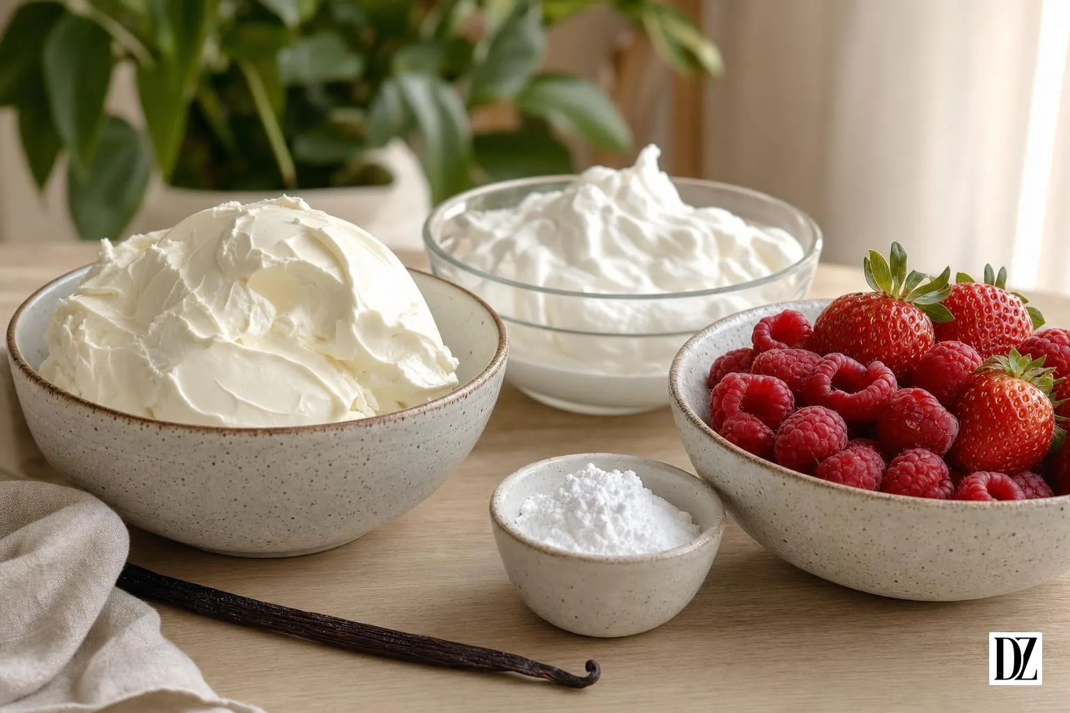 składniki na ciasto z mascarpone bez pieczenia w ceramicznych miseczkach