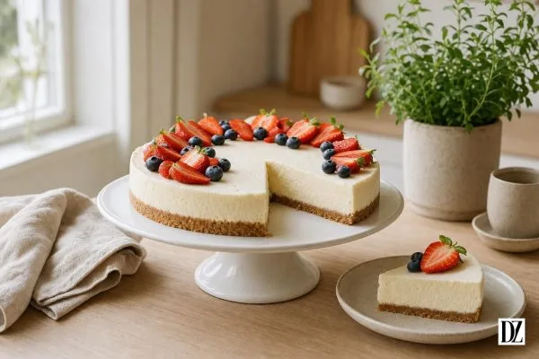 ciasto z mascarpone bez pieczenia na ceramicznym talerzu