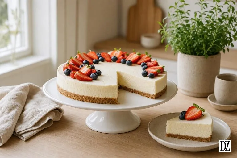 ciasto z mascarpone bez pieczenia na ceramicznym talerzu