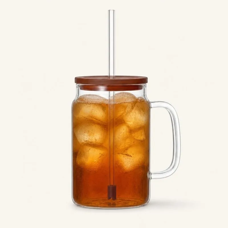 Kubek szklany ze słomką z pokrywką 1,5 l, bursztyn