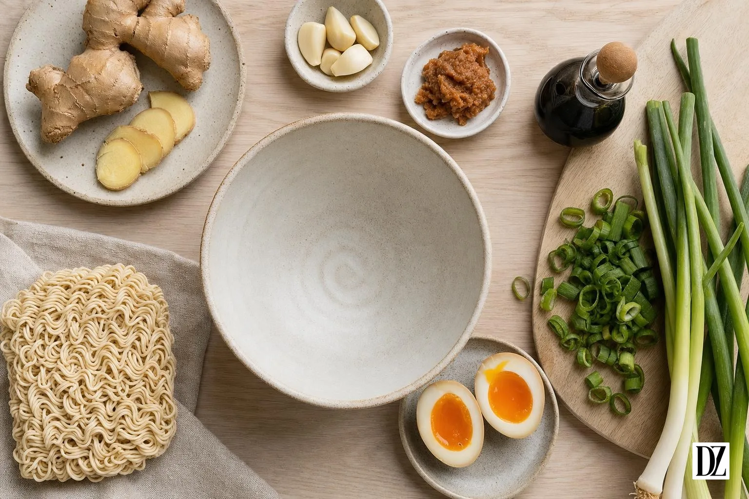 składniki na domowy ramen przepis na drewnianym blacie