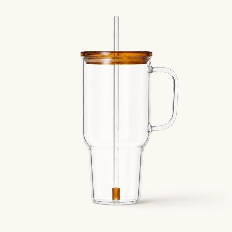 Kubek szklany ze słomką i pokrywką 1,1 l, bursztyn