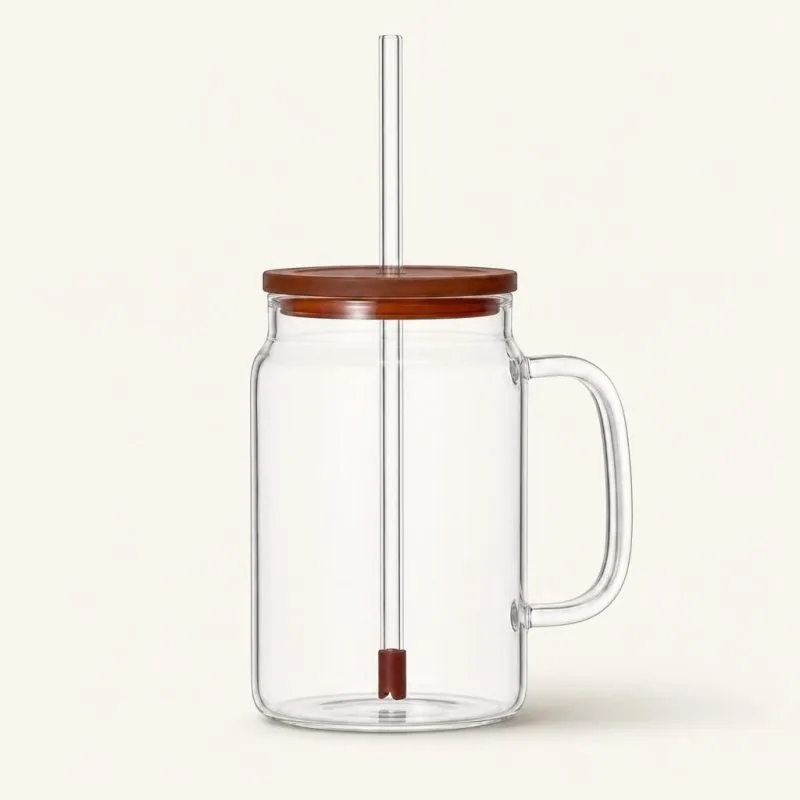 Kubek szklany ze słomką z pokrywką 1,5 l, bursztyn