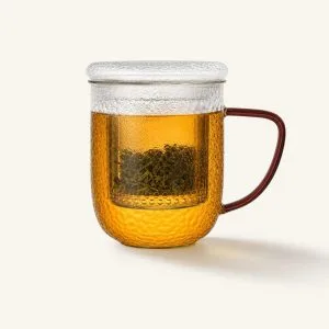 Kubek szklany z zaparzaczem i pokrywką 400 ml bąbelkowa struktura Jack bursztynowy